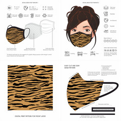Face Mask Background Design, Animal Print, Tiger Pattern, Fabric, Protective Face Mask, Mockup Template, Seamless Print Vector, Abstract, Printable, Digital Printing