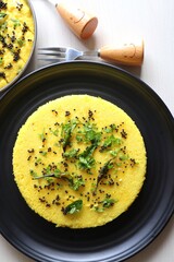 Indian traditional Dal dhokla. Khaman dhokla is a famous dish of Gujarat. Made using rice, healthy mix lentils and pulses, along with spices. garnished with coriander & fried chilies. Copy space.