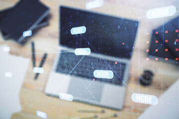 Double exposure of abstract programming language on laptop background, research and development concept