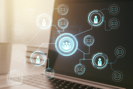Social network concept with modern laptop on background. Multiexposure