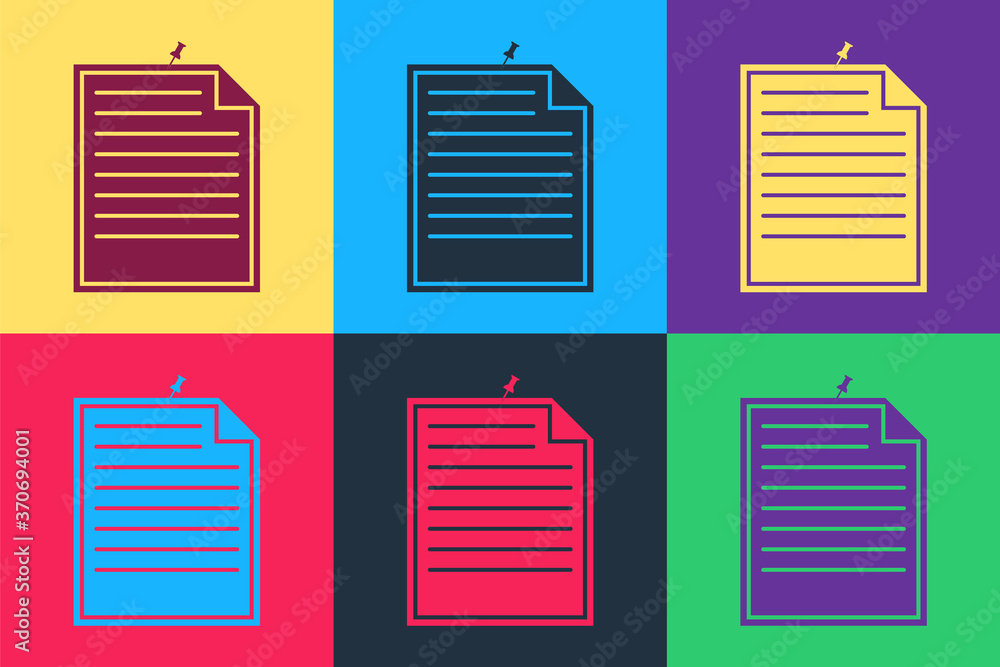 Poster pop art note paper with pinned pushbutton icon isolated on color background. memo paper sign. vector