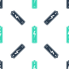 Green Battery icon isolated seamless pattern on white background. Lightning bolt symbol. Vector.