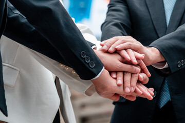 Partner Business Trust Teamwork Partnership. Industry contractor fist bump dealing mission business. Mission team meeting group of People Fist bump Hands together. Business industry trust teamwork - obrazy, fototapety, plakaty