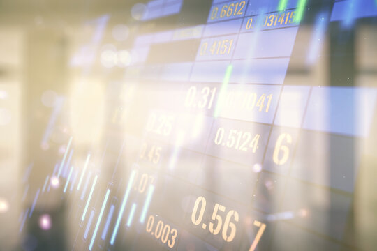 Double exposure of virtual creative financial diagram on empty room interior background, banking and accounting concept