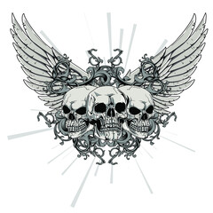 Set of winged skull grim reaper drawing in a vintage retro woodcut etched or engraved style, grunge vintage design t shirts