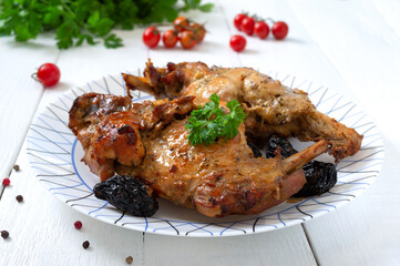 Baked rabbit with prunes. Diet menu. Proper nutrition.