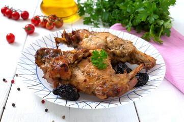 Baked rabbit with prunes. Diet menu. Proper nutrition.