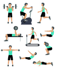 Set of people doing multiple exercise. Man building body and doing gym workout. weight lifting vector illustrator.