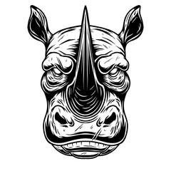 Illustration of head of wild angry rhino in vintage monochrome style. Design element for logo, emblem, sign, poster, card, banner. Vector illustration
