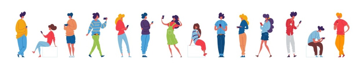 Young people stand, sit and walk with smartphones in their hands. Vector illustration of modern men and women in colorful clothes.