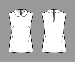 Round collar blouse technical fashion illustration with loose silhouette, sleeveless, back button-fastening keyhole. Flat shirt apparel template front back white color. Women men unisex top CAD mockup