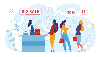 Shopping. Three girls stand next to the counter. The saleswoman is holding a bag with the word sale. Vector illustration of a sale in a store.