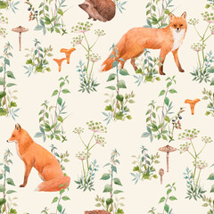 Beautiful seamless floral pattern with watercolor forest plants and animals. Stock illustration.