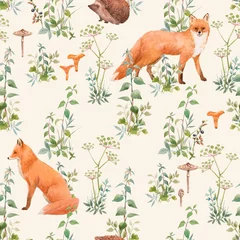 Wallpaper murals Forest animals Beautiful seamless floral pattern with watercolor forest plants and animals. Stock illustration.