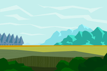 Greenfield with High mountains and Forest, Clouds in the sky background. Flat design. Abstract landscape, Vector banner with polygonal landscape illustration, Minimalist style