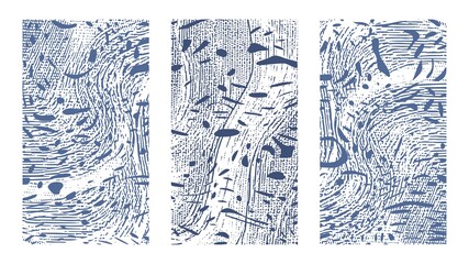 Obraz premium Messy artistic fluid on canvas set. Dynamical blue rippled surface, illusion, curvature. Art background abstract fluid set