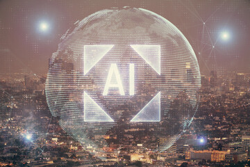 Data theme hologram drawing on city view with skyscrapers background double exposure. Ai concept.