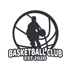 logo design basketball club with man playing basketball black and white simple vector