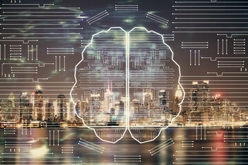 Brain hologram drawing on city scape background Double exposure. Brainstorming concept.