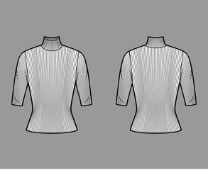 Turtleneck ribbed-knit sweater technical fashion illustration with elbow sleeves, close-fitting shape. Flat sweater apparel template front, back white color. Women, men unisex shirt top CAD mockup