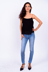 Portrait of happy young beautiful woman against white background