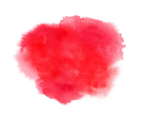 Red watercolor stain with splash, watercolour paint strokes, blots, wet edges. Texture background for Valentine day