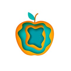 Paper cut apple. Cut out of cardboard 3d apple fruit layered frame. Vector card illustration in orange and turquoise colors isolated on white background. Creative Craft concept for your design