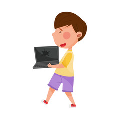 Dark Haired Boy Character Carrying Broken Laptop for Recycling Vector Illustration