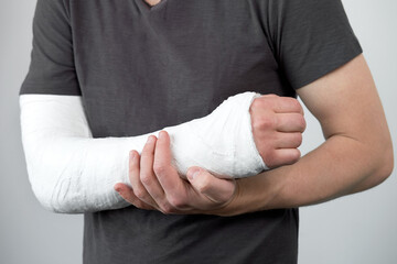 Closeup view of man's hand with plaster cast on a white wall background.