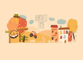 Agricultural autumn landscapes with tractor, hay field and trees. Harvest in countryside.
