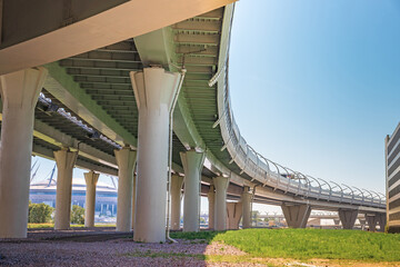 Metal structures under the bridge, details of the Western high-speed diameter in Saint Petersburg