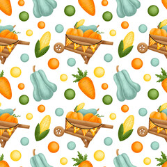 Autumn harvest time seamless pattern. Wooden wheelbarrow with pumpkin, zucchini, corn and carrots seamless pattern.