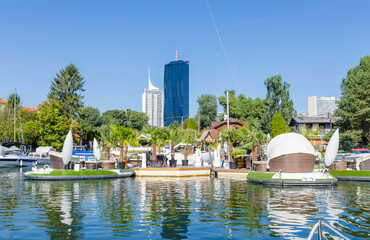 Marina on the Alte Donau. The Vienna International Centre skyscrapers in the background.