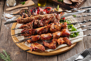 Assorted caucasian shashlyq skewers and kebabs