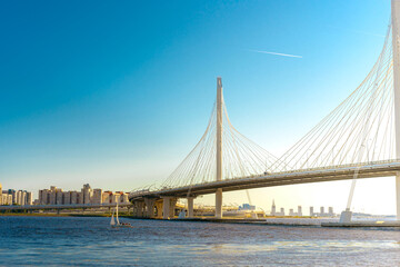 New cable-stayed bridge on the western high-speed diameter in St. Petersburg. Russia