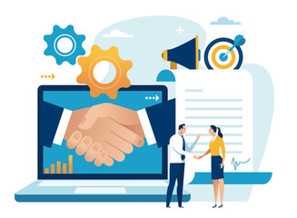 Agreement. The couple shakes hands to make a contract. Business vector illustration.