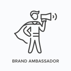 Brand ambassador flat line icon. Vector outline illustration of leadership, hero with megaphone. Influence thin linear pictogram - obrazy, fototapety, plakaty