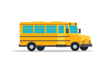 Yellow school bus on a white isolated background. Car side view. Modern transport vector flat illustration.