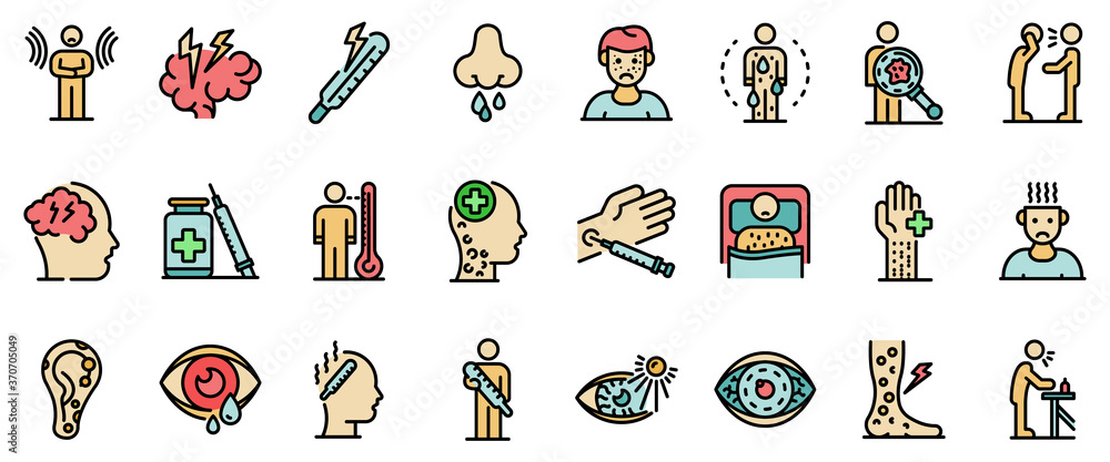 Poster measles icons set. outline set of measles vector icons thin line color flat on white