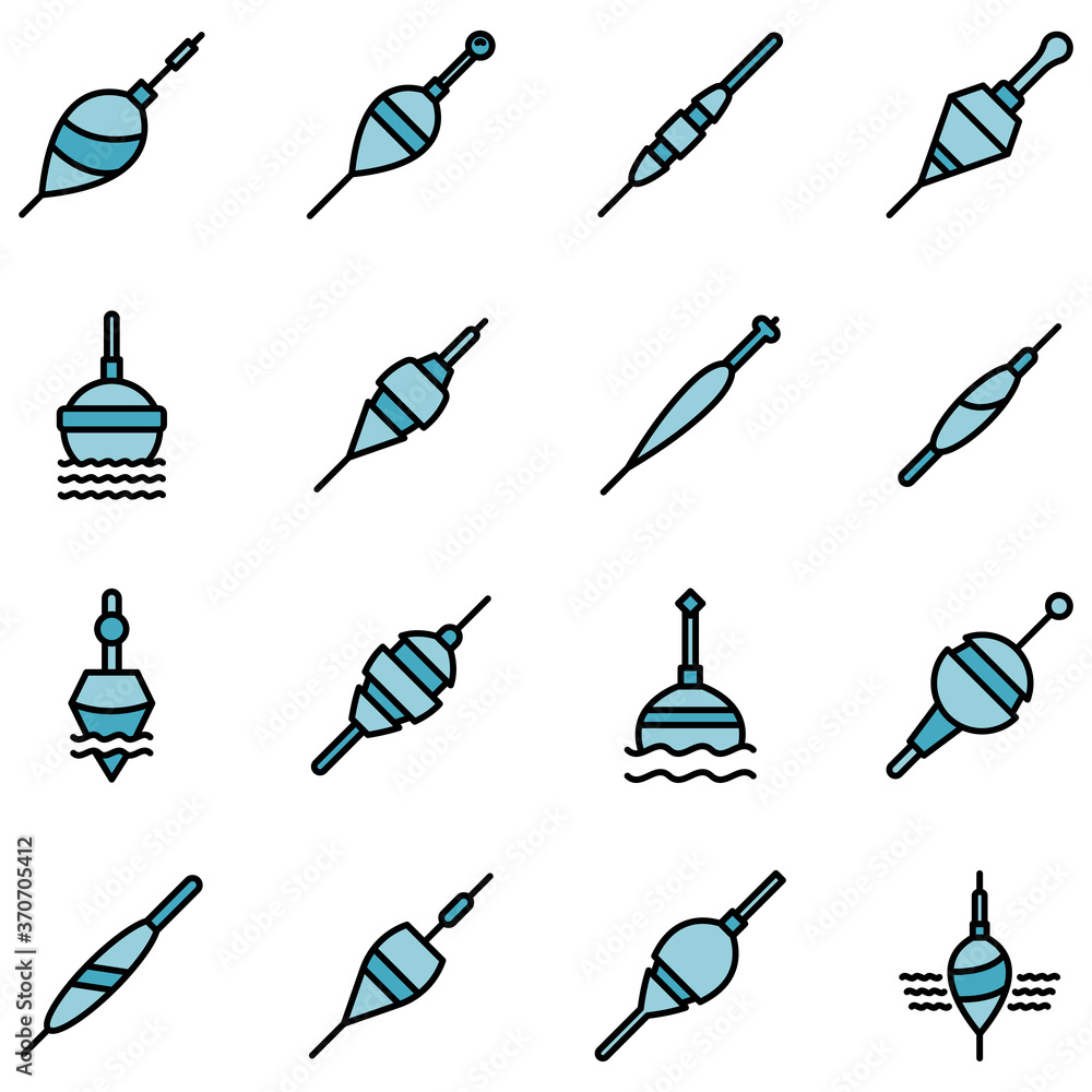 Aufkleber bobber icons set. outline set of bobber vector icons thin line color flat on white