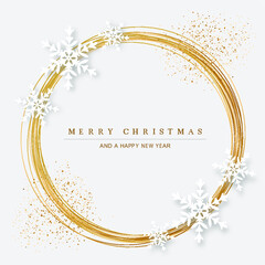 goldene Weihnachtskarte mit Kreis und Schneeflocken - 370705457