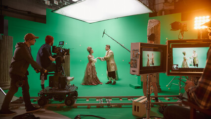 On Big Film Studio Professional Crew Shooting History Costume Drama Movie. On Set: Director...