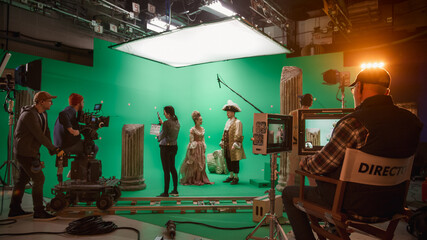 On Big Film Studio Professional Crew Shooting History Costume Drama Movie. On Set: Director...