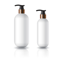 2 sizes of white oval round cosmetic bottle with pump head for beauty or healthy product.