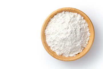Fototapeta na wymiar wheat flour in a wooden bowl isolated on white background. top view.