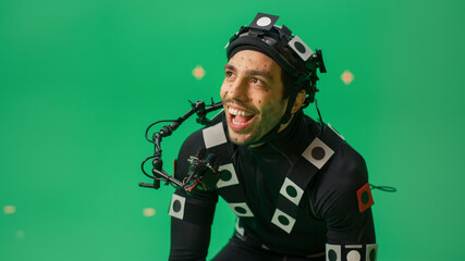 Actor Wearing Motion Caption Suit and Head Rig acts as an Animal or a Monster for CGI Green Screen...