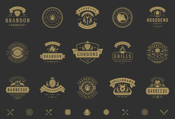 Grill and barbecue logos set vector illustration steak house or restaurant menu badges with bbq food silhouettes - obrazy, fototapety, plakaty