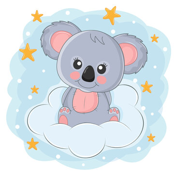 Beautiful cute childish bear koala sitting on a cloud.