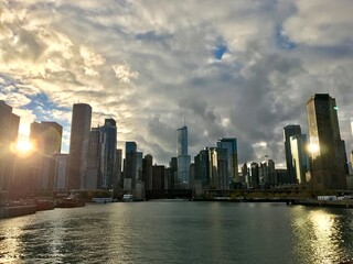 sunset over chicago river skyline