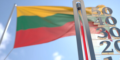 Thermometer shows high air temperature against blurred flag of Lithuania. Hot weather forecast related 3D rendering